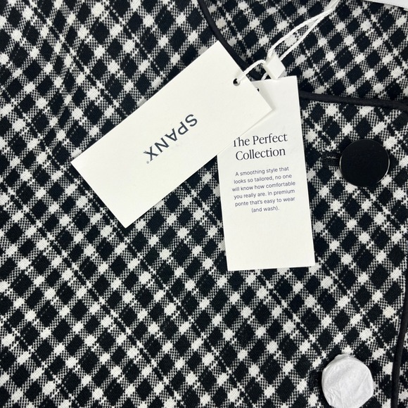 SPANX Ponte Lady Jacket Black White Gingham Check Blazer Button Front Size L - Picture 6 of 7